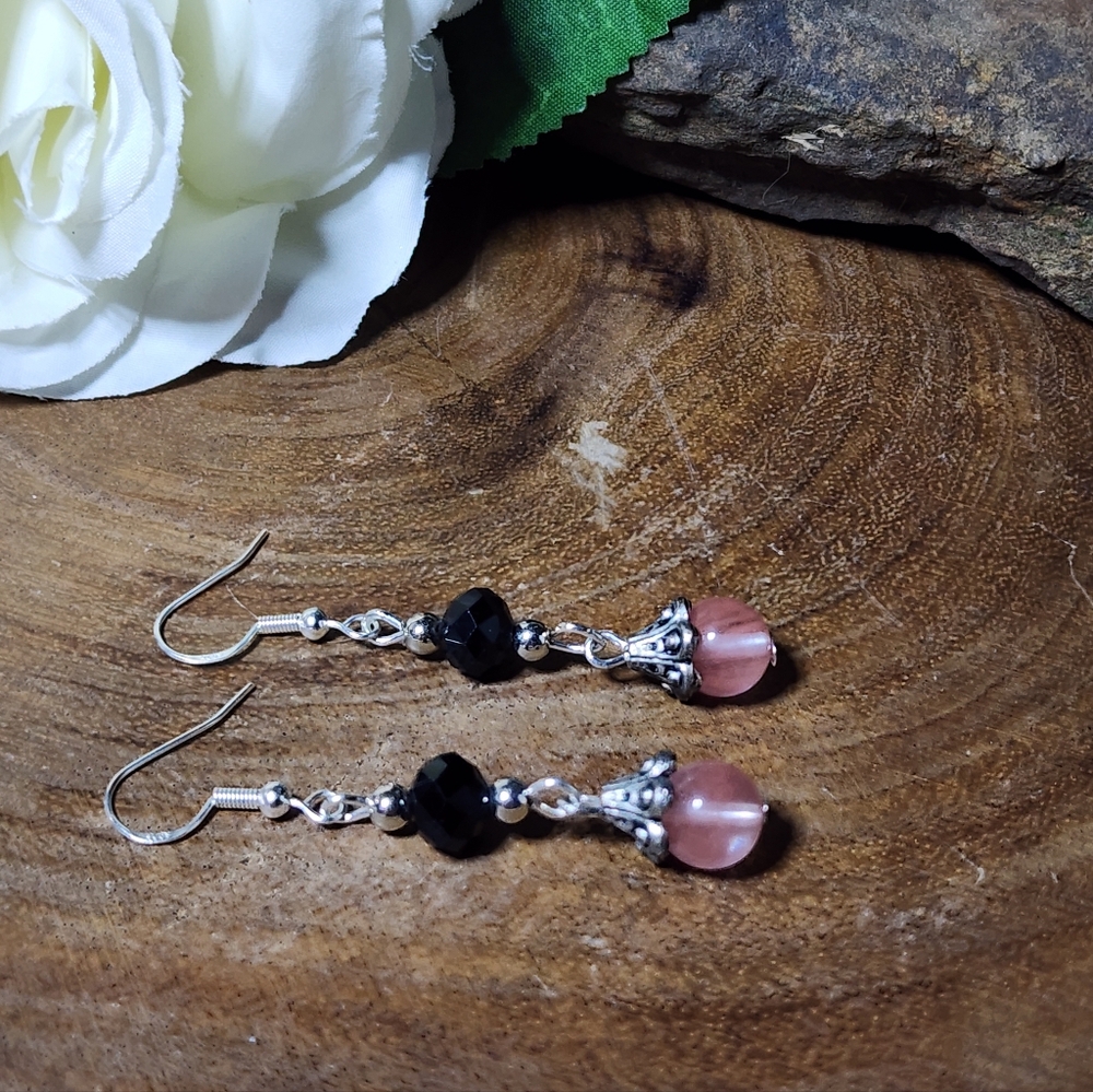 Hand Crafted Dangle Earrings With Pink and Black Glass Beads
